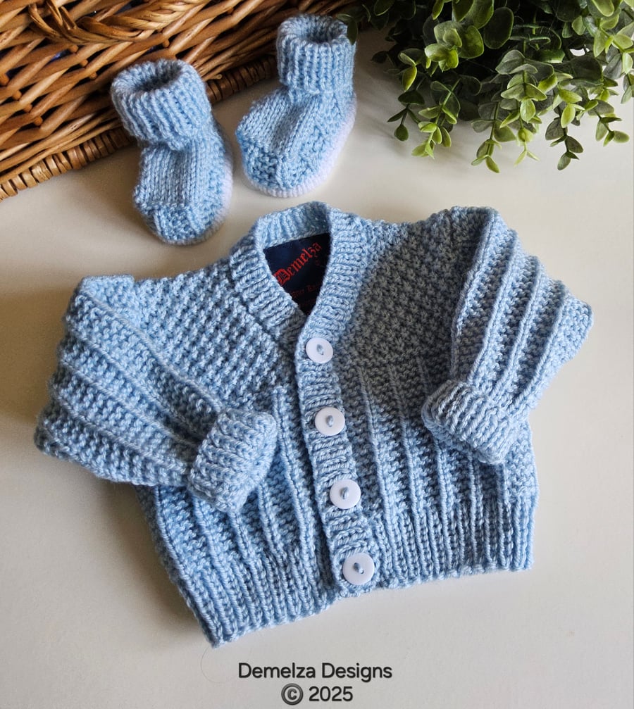Hand Knitted Baby Boys Cardigan , Booties  Set Size 0 - 3 months size