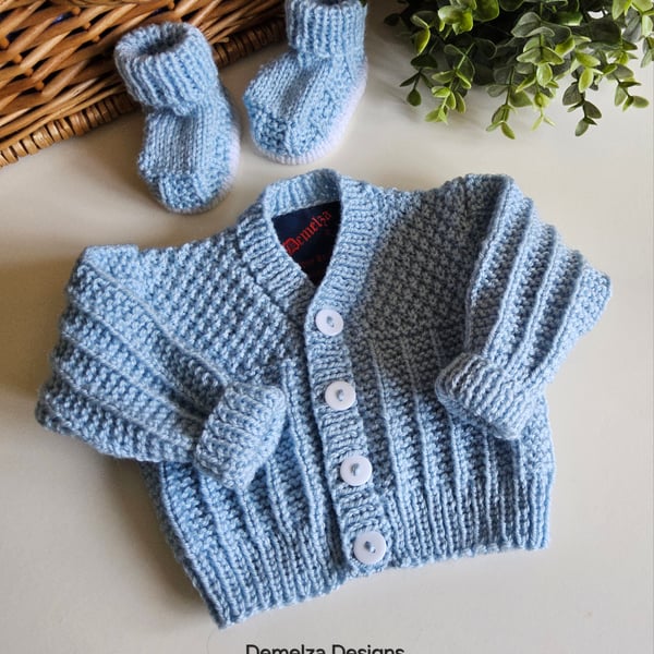 Hand Knitted Baby Boys Cardigan , Booties  Set Size 0 - 3 months size
