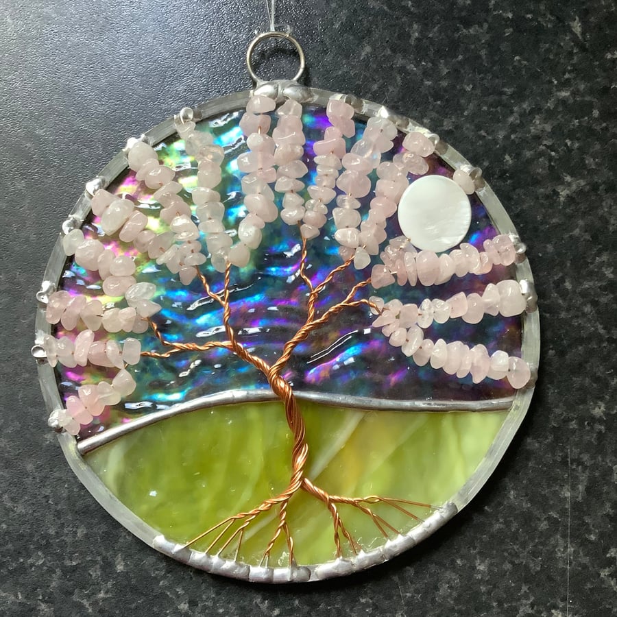 Rose quartz tree of life suncatcher