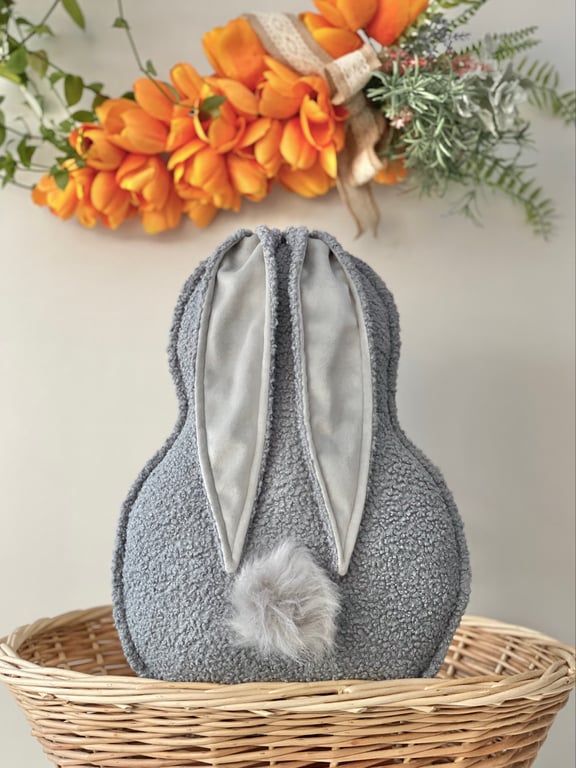 Grey Boucle Bunny Shaped Cushion Rabbit Pillow Easter Decoration Spring Decor