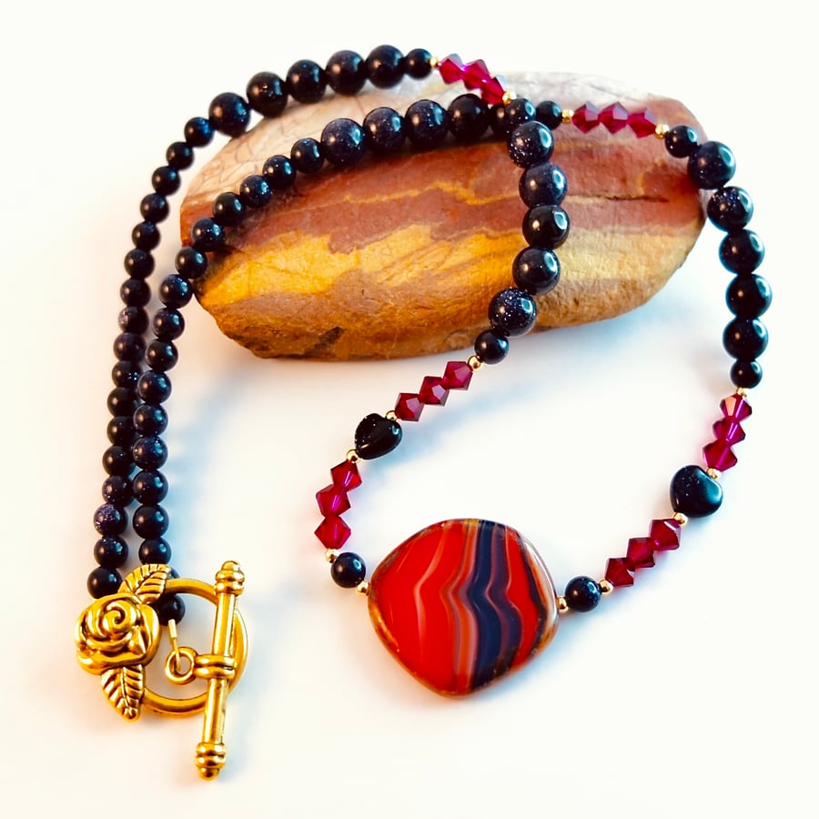  Blue Goldstone Necklace With Swarovski Crystals - Sale