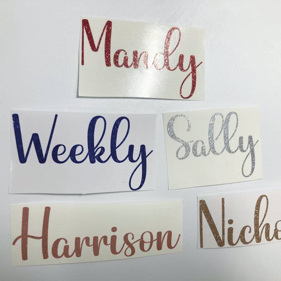 Personalised Multiple Colour and sizes Lopped Glitter Name Vinyl Wedding Sticker
