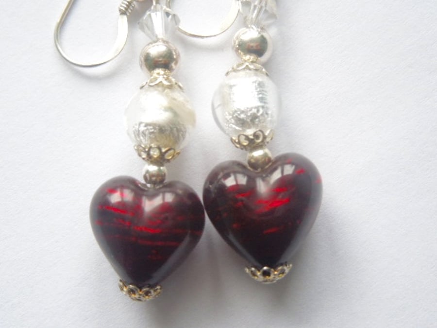 Murano glass red heart earrings with sterling silver.