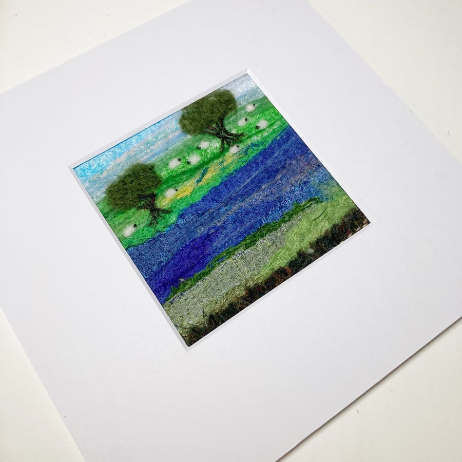 Textile art, sheep by the river 8x8