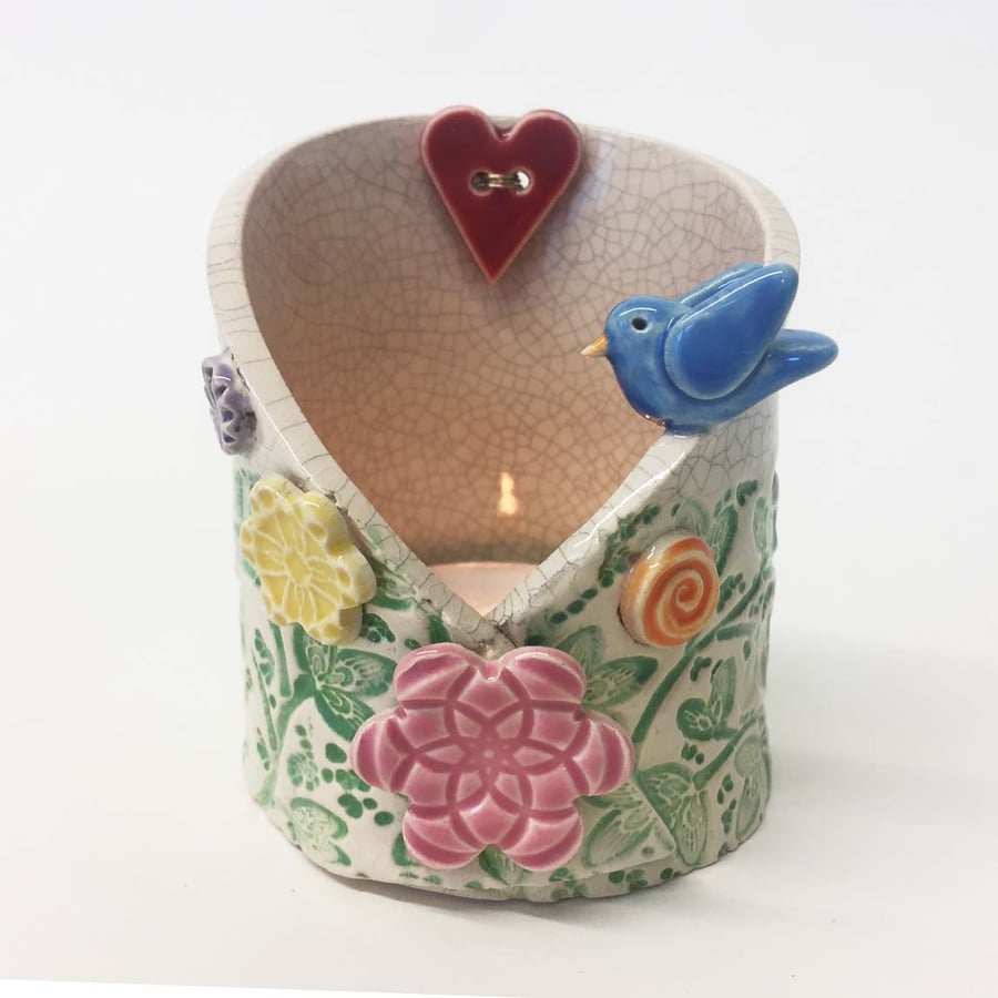 Pottery bird woodland scene candle holder ceramic dish trinket pot