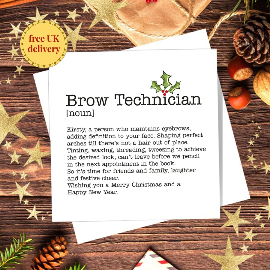 Brow Technician Definition Personalised Christmas Card - blank inside