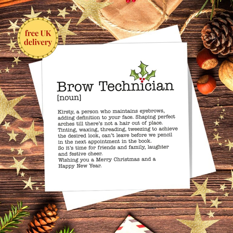 Brow Technician Definition Personalised Christmas Card - blank inside