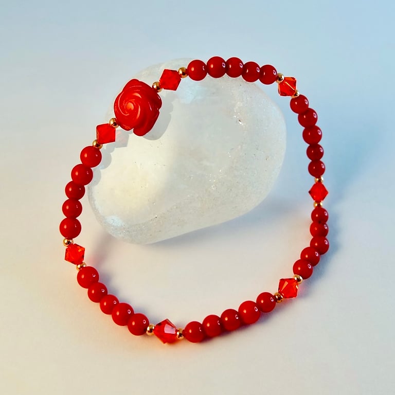Bamboo Coral Bracelet With Carved Rose - Birthday, Anniversary, Gifts For Her