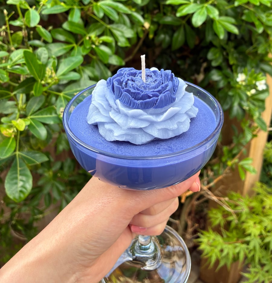 Blue Flower Soy Candle in Cocktail Glass - Lightly Scented