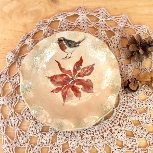 Red flower and robin dish, Christmas bowl with poinsettia
