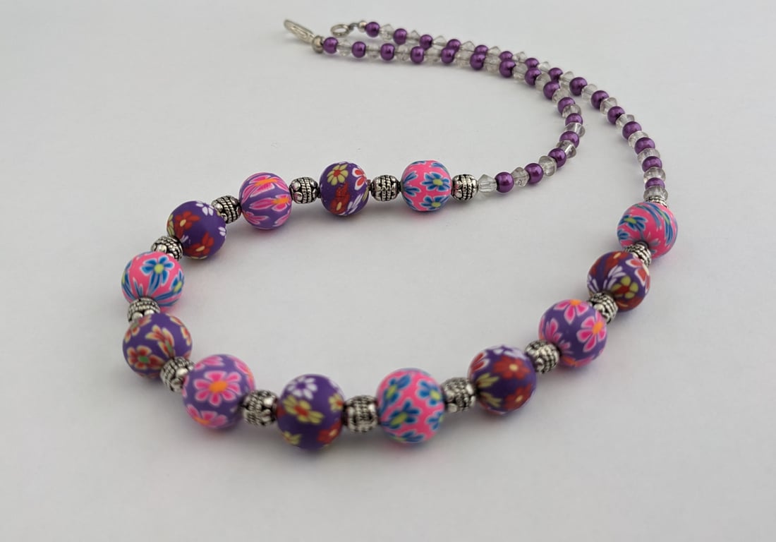 Pink and purple Fimo bead necklace - 1002629