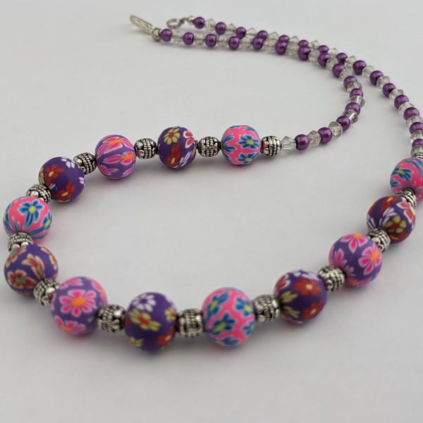Pink and purple Fimo bead necklace - 1002629