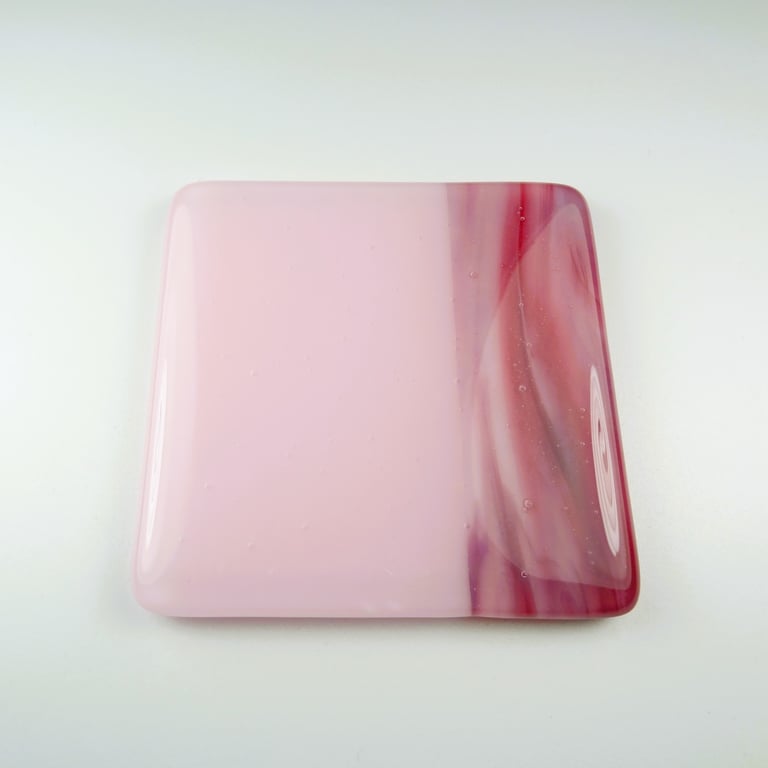 Pink streaky fused glass coaster, 9cm, 6mm thick, handcrafted (0144)
