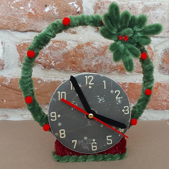Fuzzy Festive Clock- Christmas Decoration with Holly & Pom Pom 