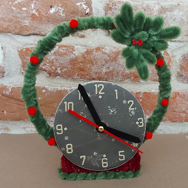 Fuzzy Festive Clock- Christmas Decoration with Holly & Pom Pom 