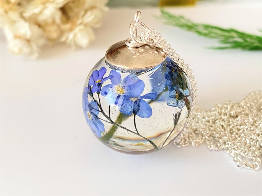 Forget me Not Real Flower Resin Orb Sphere Necklace