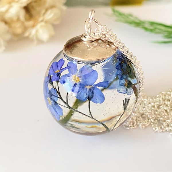 Forget me Not Real Flower Resin Orb Sphere Necklace