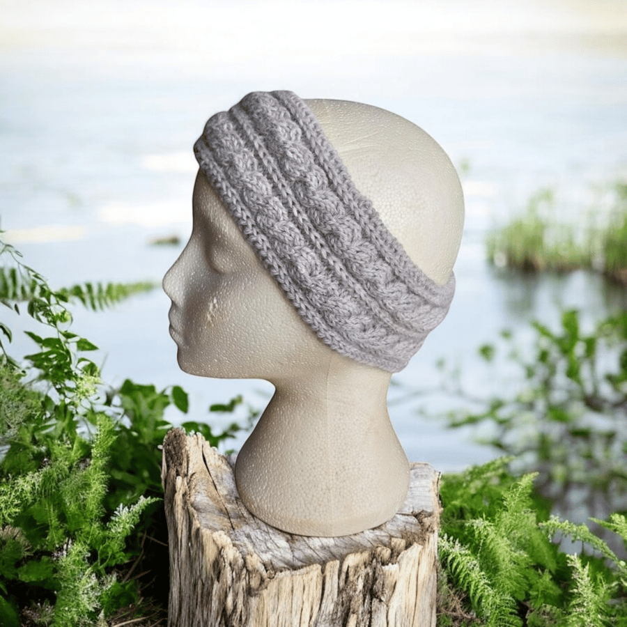 Handmade grey-beige cable knit wool headband, cosy winter ear warmer accessory 