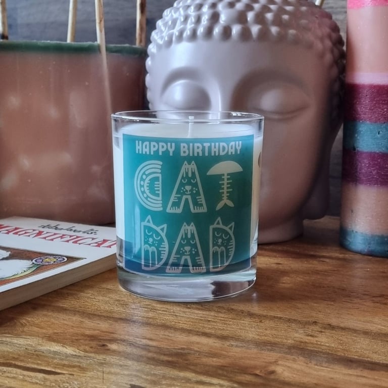 Soy Wax Scented Candle in Glass Happy Birthday Cat Dad Design 30cl Gift