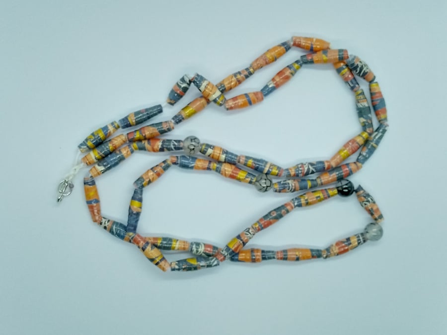 Handmade peach, grey and gold coloured paper bead necklace with agate accents.