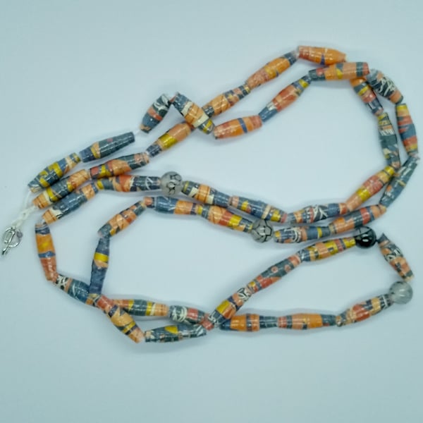 Handmade peach, grey and gold coloured paper bead necklace with agate accents.