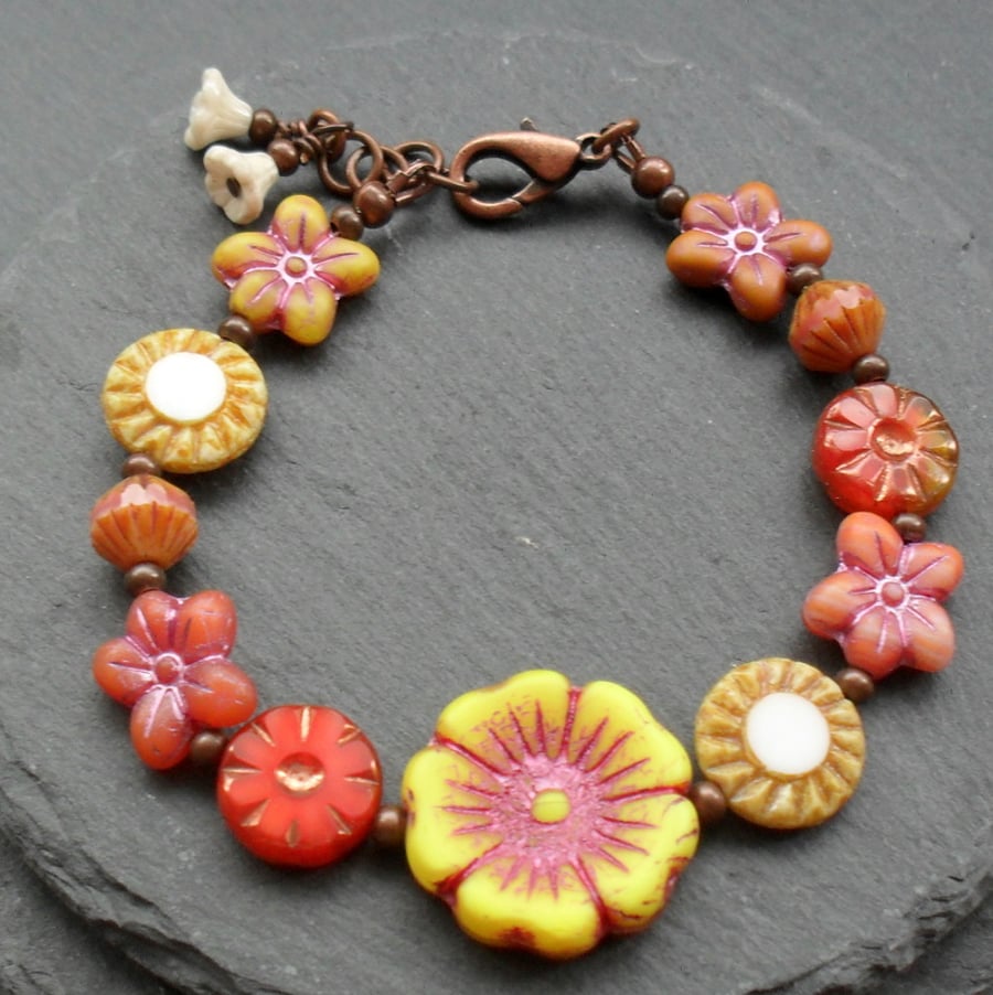 Sale Czech Glass Flower Bead Bracelet Copper Tone Autumn Colours