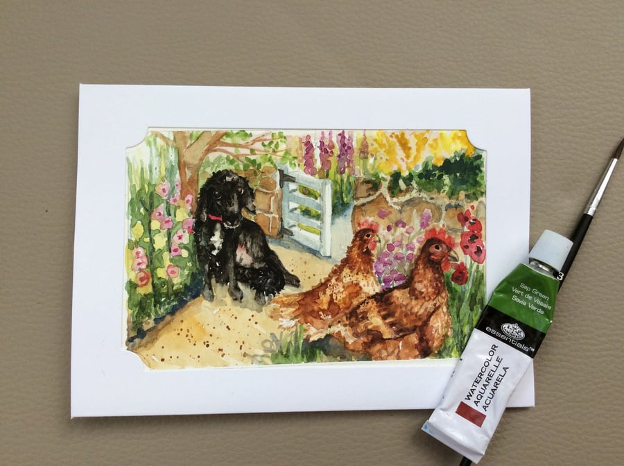 Original handpainted greeting card of animals in garden