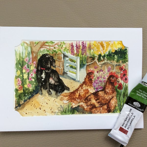 Original handpainted greeting card of animals in garden