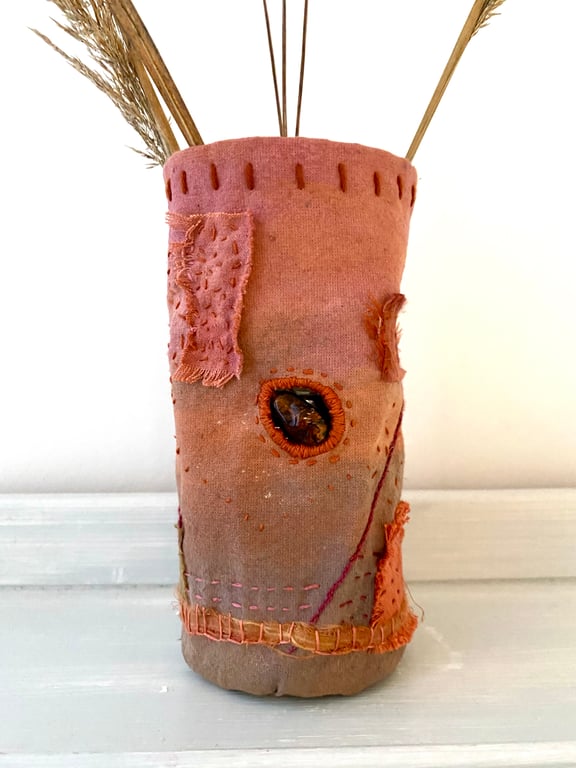 Autumnal painted and embroidered textile vessel 