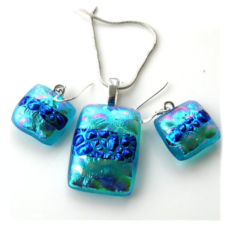 Dichroic Glass Pendant Earring Set 108 Teal Sparkle with silver plated chain