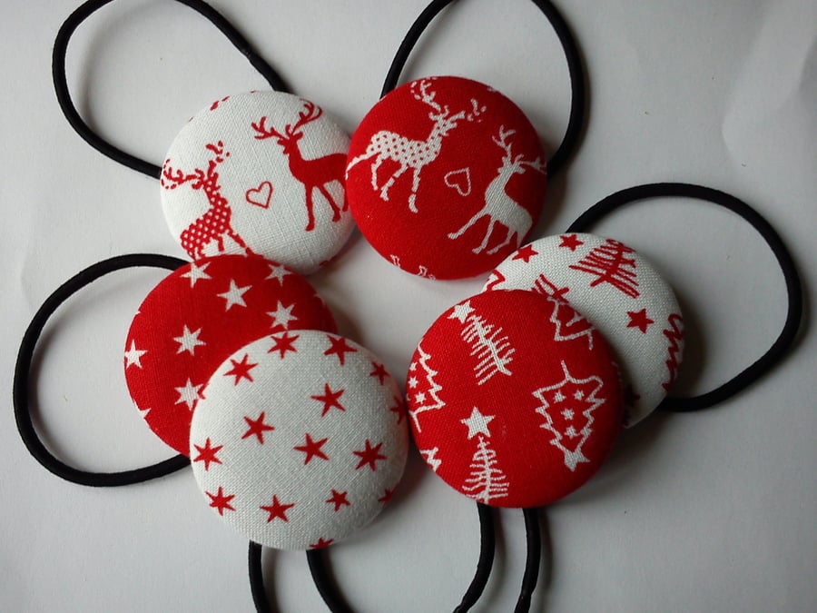 Scandinavian Reindeer Star red white hair button bobbles set of 6