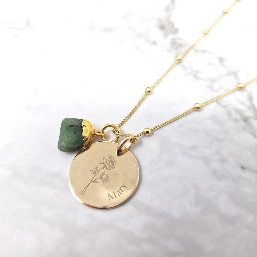 Gold Vermeil Plated Birth Flower Birthstone Necklace, Custom Necklace, Personali