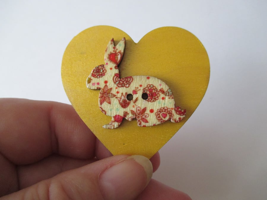Bunny Rabbit Magnet Hand Painted Wooden Heart Animal Bunny Button