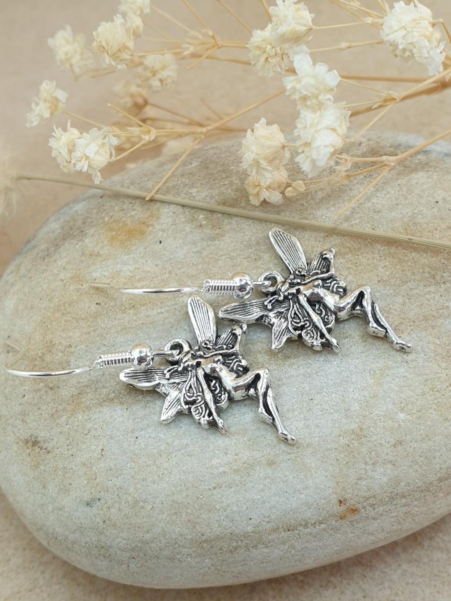 silver Fairy earrings silver plated  beautiful art nouveau fairy charms boho