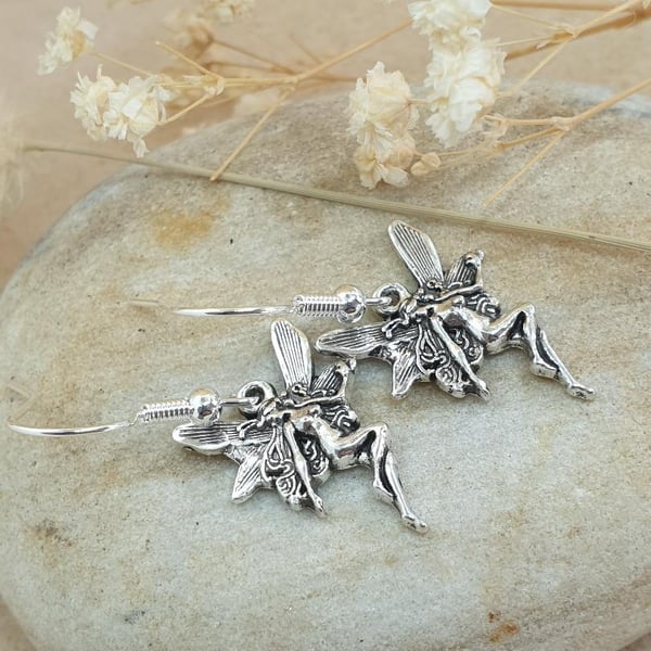 silver plated earrings with beautiful silver plated art nouveau fairy charms