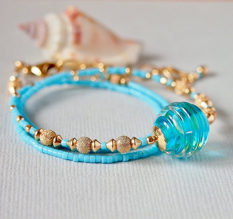 Turquoise and Gold Lampwork Glass Bead Necklace