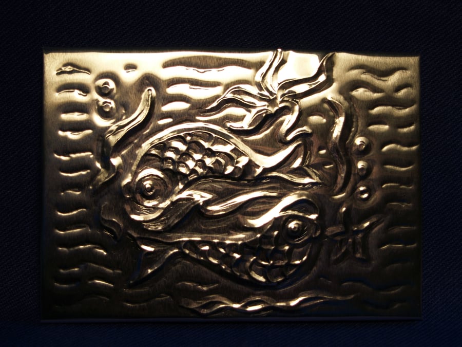 ACEO Embossed  silvery metal foil fish