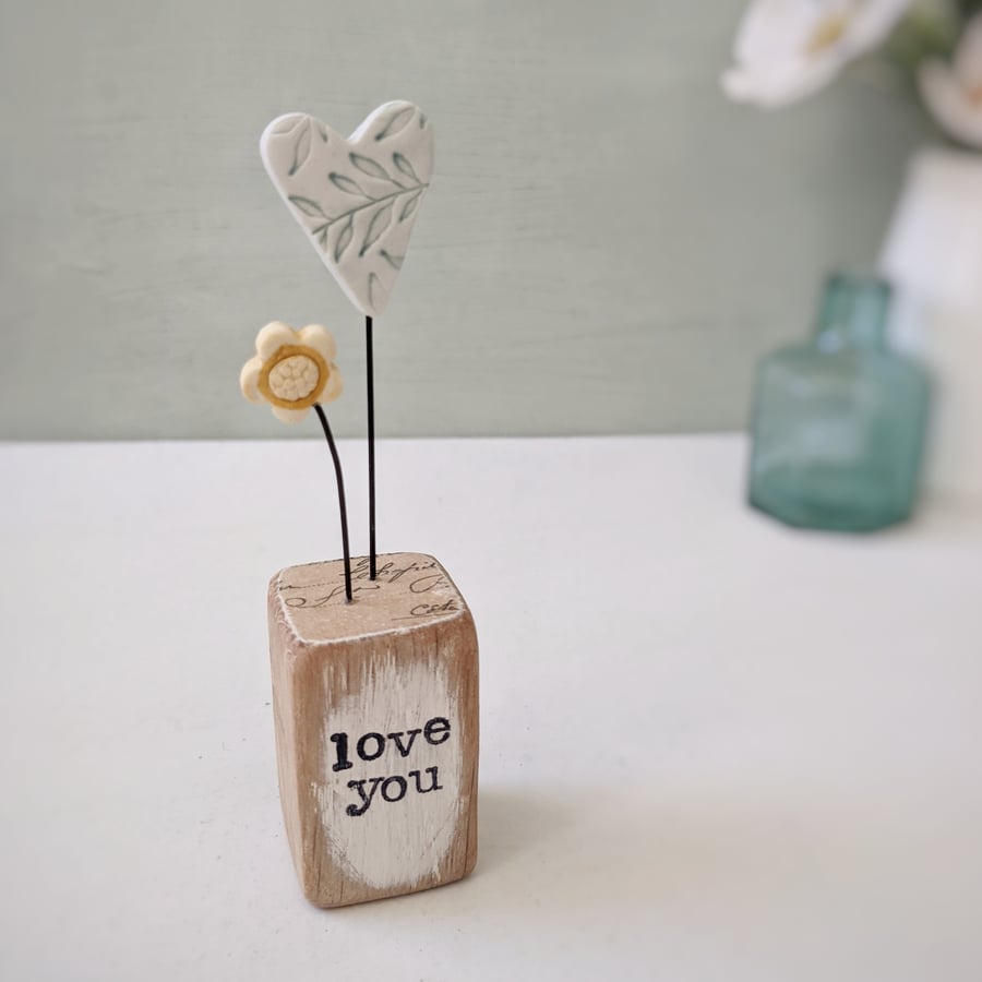 Heart with Little Flower in a Stamped Wood Block 'Love You'