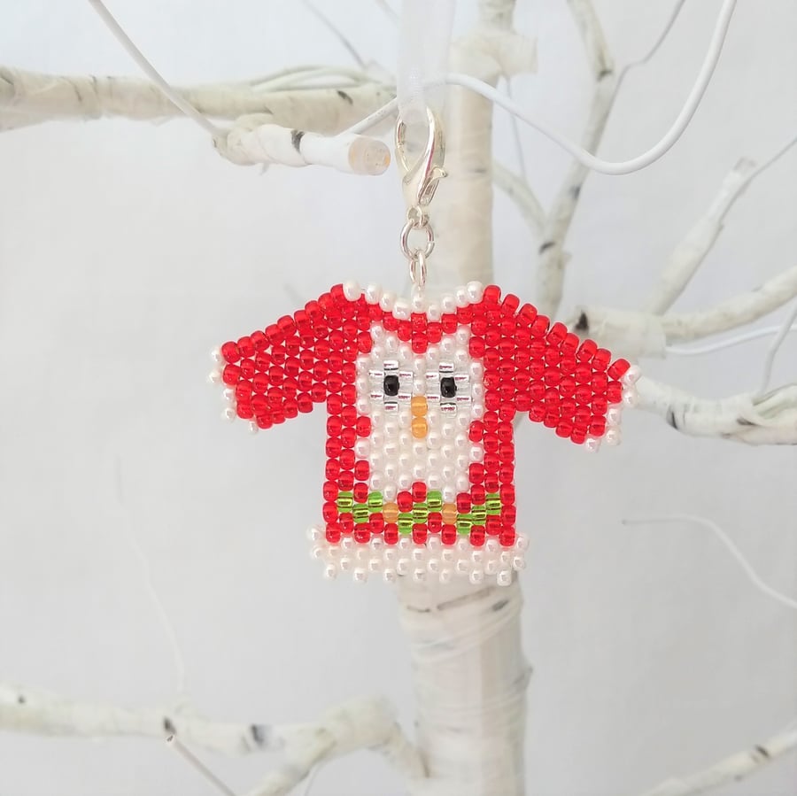 Red Owl Beaded Christmas Jumper Tree Decoration Charm