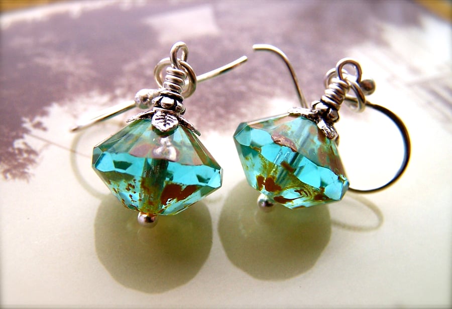 Sterling Silver Earrings, Aqua Glass Beads, Pretty Dangle Earrings
