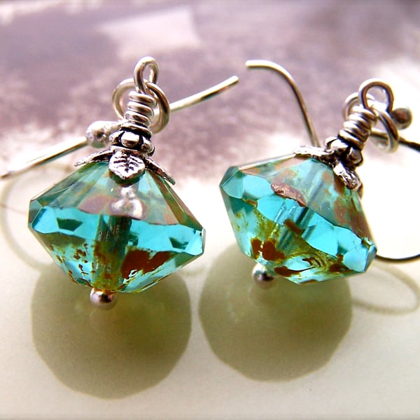 Sterling Silver Earrings, Aqua Glass Beads, Pretty Dangle Earrings