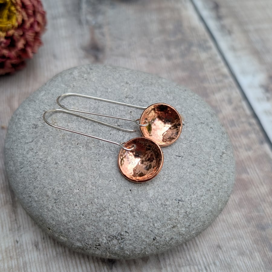 Copper Hammered Domed Disc Long Earrings – Silver Earrings