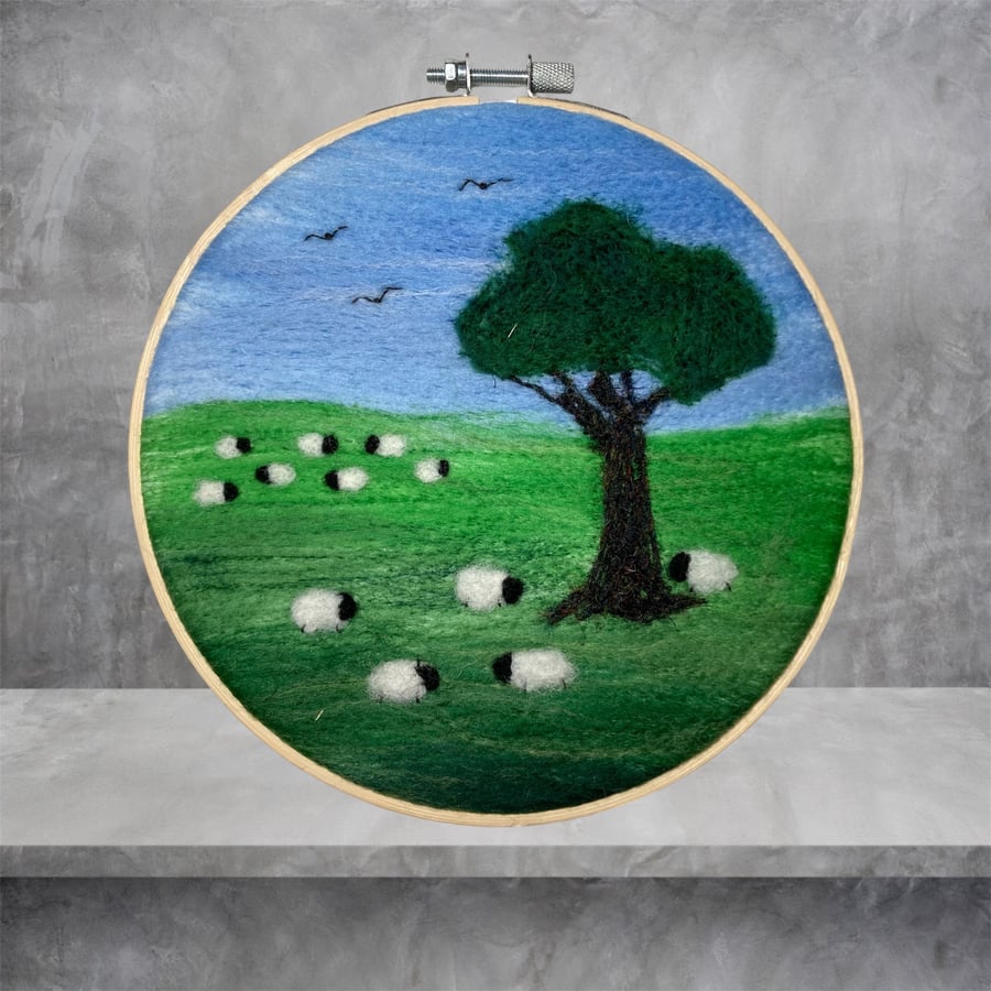 Sheep grazing in the fields, needle felted hoop art