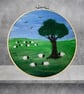 Sheep grazing in the fields, needle felted hoop art