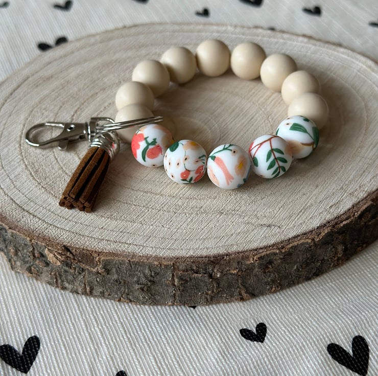 Beige and floral silicone beads keychain wristlet - Folksy