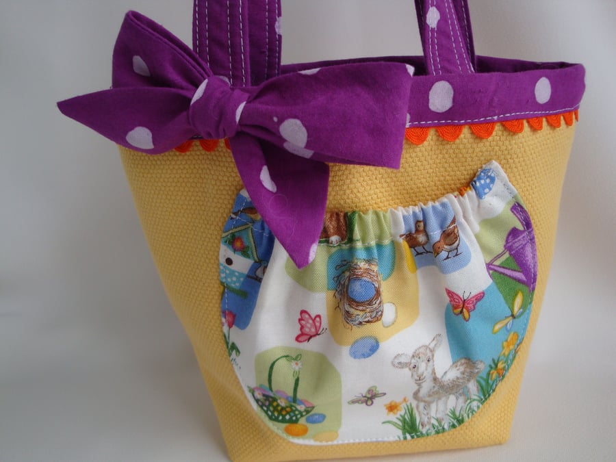 SALE Cotton Mini Bag - front pocket and purple bow .