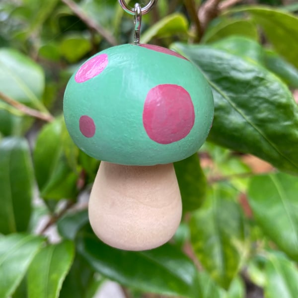 Painted Wooden Toadstool Keyring or Bag Charm, Mint Green & Pink