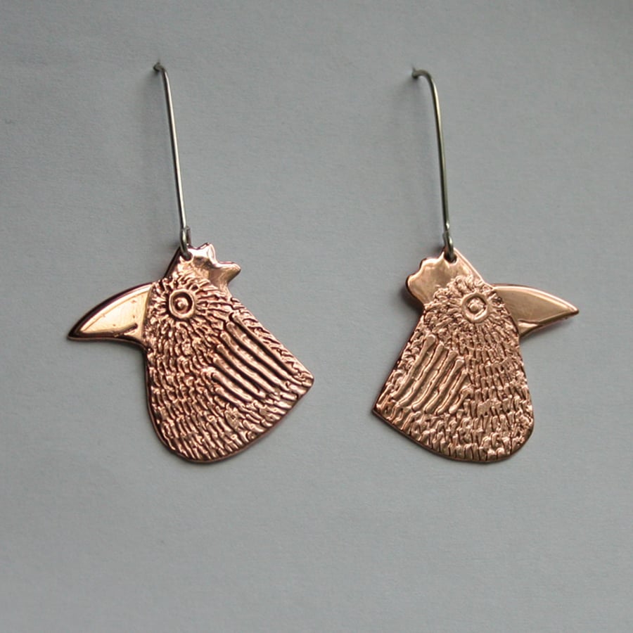 copper chicken earrings