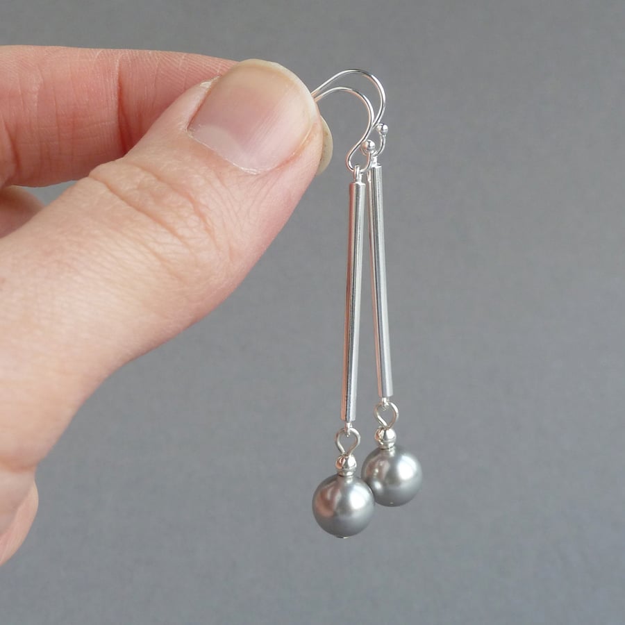 Long Silver Grey Pearl Drop Earrings - Simple Silver Bar Dangle Earrings - Gifts