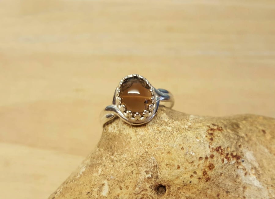 Oval Smoky Quartz adjustable ring. 925 sterling silver rings for women